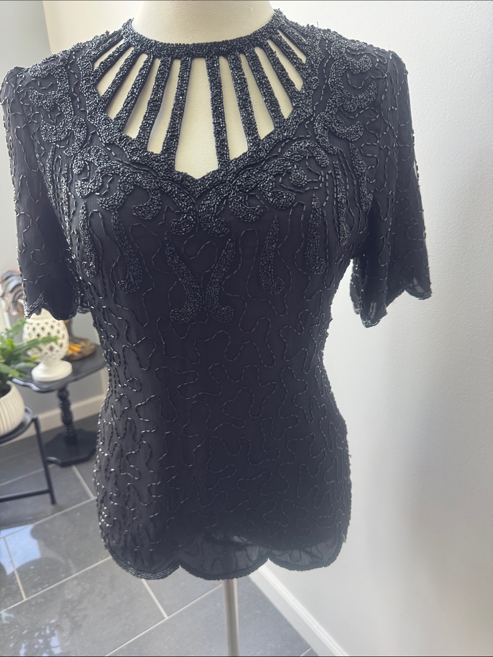 Scala Vintage Black Beaded Cutout Neck Women's Top